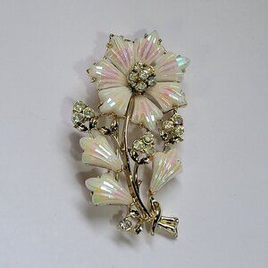 Vintage Coro Flower Brooch Iridescent AB Pegasus Rhinestones Molded Glass